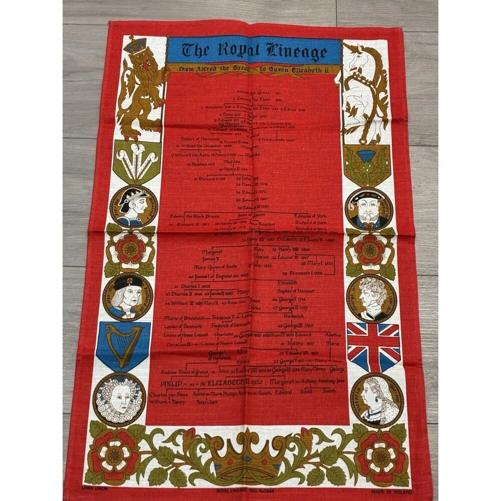 Vintage Irish Linen Tea Towel The Royal Lineage Towel Red White Blue